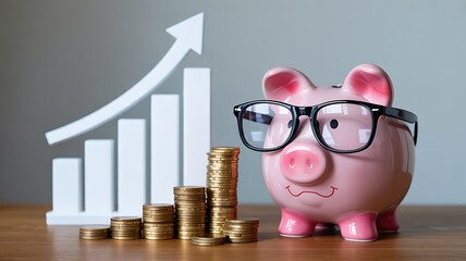 Illustrating financial intelligence with a smart piggy bank wearing glasses. Stacks of coins and a rising graph symbolize successful investment, wealth accumulation, and market growth.