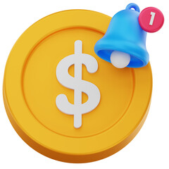 Payment Notification 3D Icon – Dollar Coin with Alert Bell