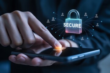 Finger touching smartphone screen with glowing fingerprint and secure padlock icon scanning mobile