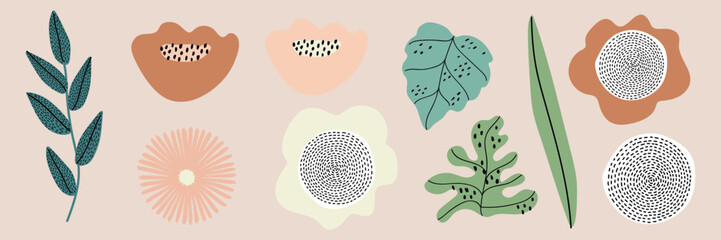 Abstract botanical illustration with leaves and flowers. Features green leaves, abstract flowers, and dotted patterns in a minimalist style. Pastel memphis element vector set.