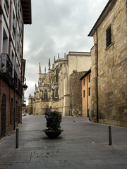 Historic Calle de los Cubos in Leon with cathedral view