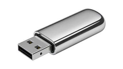 A high-quality product photograph of a sleek silver USB flash drive against a pure white background. The USB drive has a rectangular shape with rounded edges and a metallic silver finish