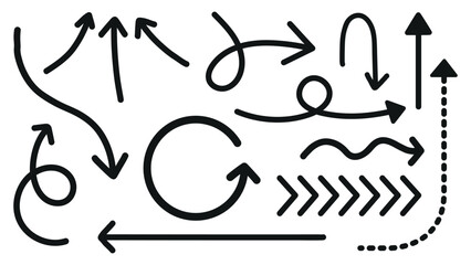 Collection of black arrows in various directions. Curved arrows, straight arrows, and zigzag arrows. Diverse arrow styles for navigation and design. Hand drawn element vector set.