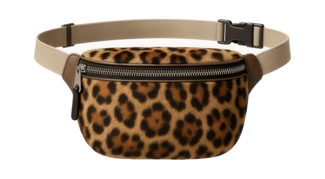 Animal print belt bag in leopard pattern with a faux fur texture