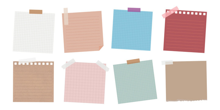 Colorful sticky notes in various shades, including red, blue, and beige. Sticky notes are taped and pinned, ideal for reminders and notes. Sticky notes for organization. Memo elements, vector set.