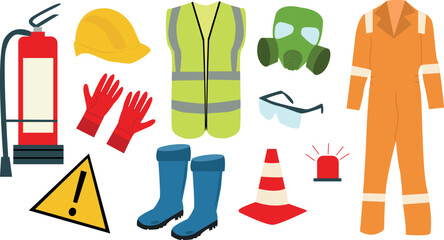 Safety, security icons set. Work helmet, gloves, vest, cone, alarm signs. Caution, warning symbols for personal occupational protection. Flat graphic vector illustrations isolated on white background
