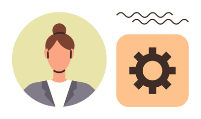 Female avatar in business attire paired with a gear icon signifying customization, productivity, or system settings. Ideal for user profile, teamwork, career, organization, management, workflow