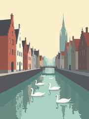 Fototapeta premium Bruges – Canal‑side gabled façades and swans gliding past in brick red, cream white, canal emerald, and misty gray under early morning light