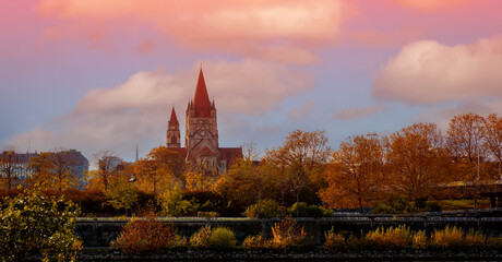 The sunset view at Church Heiliger Franz of Assisi at Mexikoplatz, Vienna, Austria