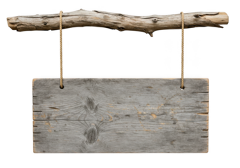 Rustic wooden sign hanging on rope isolated on transparent background