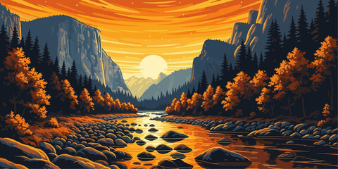 Sunset over mountain river valley, orange sky in forested canyon, radiant horizon above rocky waterway.