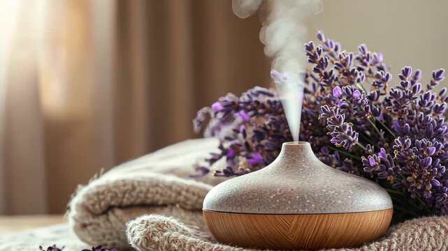 Aromatherapy at Home: A serene, tranquil composition of an aromatherapy diffuser releasing fragrant steam near a bouquet of lavender. Soft focus background enhance sense of well-being and relaxation.