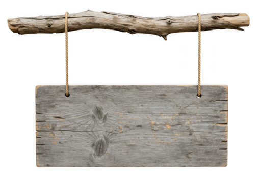Rustic wooden sign hanging on rope isolated on transparent background