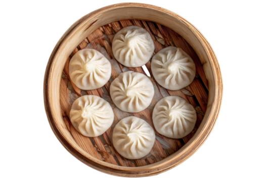 Steamed Soup Dumplings in Bamboo Steamer on Transparent Background