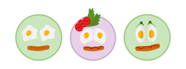 Fried and Hard boiled Eggs with sausage on plate Cute Food Emoticons Egg Day design element idea Set
