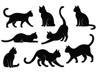 Set of silhouette cats in different poses on white background. 