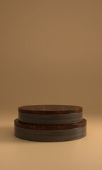3D round wooden podium with brown texture and warm background. Perfect for natural product mockups and minimalist presentations.