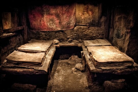 Ancient room, possibly a library, with aged, rectangular slabs/books - Powered by Adobe