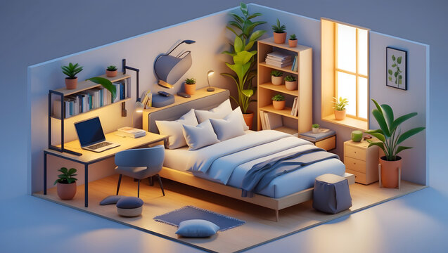 3d illustration of a tranquil bedroom with soft lighting and a minimalist aesthetic adorned with plants and comfortable furnishings