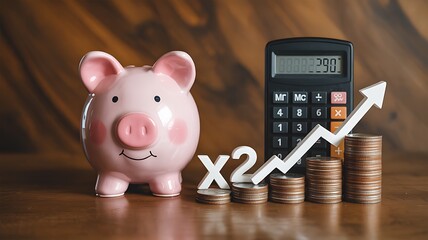 A pink piggy bank sits by a calculator and stacked coins with a rising arrow and an X2 multiplier, illustrating the concept of doubling financial savings and investment growth.