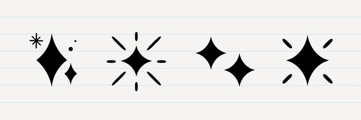 Set of black star and sparkle icons on lined background. Sparkle icons vary in shape and size. Star and sparkle designs in a simple, bold style. Festive element set. Vectors.
