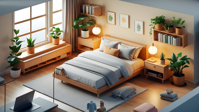 3d illustration of a bright and airy bedroom featuring a workspace with a laptop surrounded by lush greenery and natural light