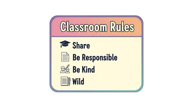 A classroom rules sign with share be responsible be kind and wild listed in a colorful frame design ai genrated