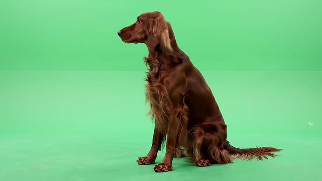 Beautiful Irish Setter dog sitting calmly in profile view on a vibrant green screen background, perfect for compositing.