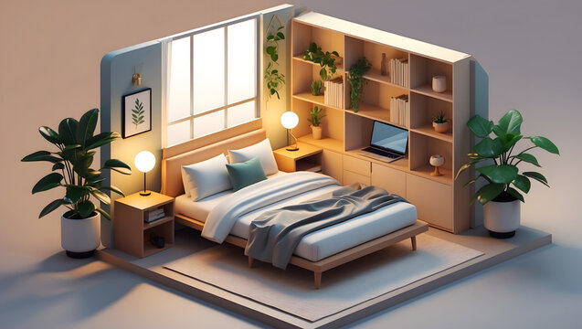 3d illustration of a cozy and inviting bedroom with a modern minimalist design featuring warm lighting and lush plants