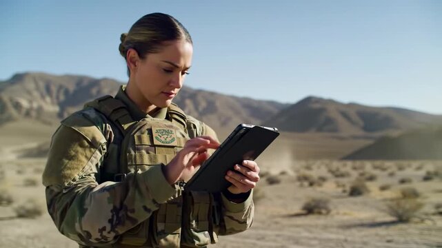 Female soldier in desert using tablet