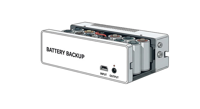 Illustration of a battery backup system with cylindrical batteries and input output ports on white ai genrated