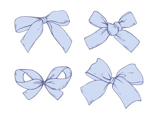 Set of small, cute blue textile bows coquette from satin and silk ribbons. Illustration hand-drawn line art style graphics. For women, men, boys and girls, holidays, decoration, accessories and gifts.