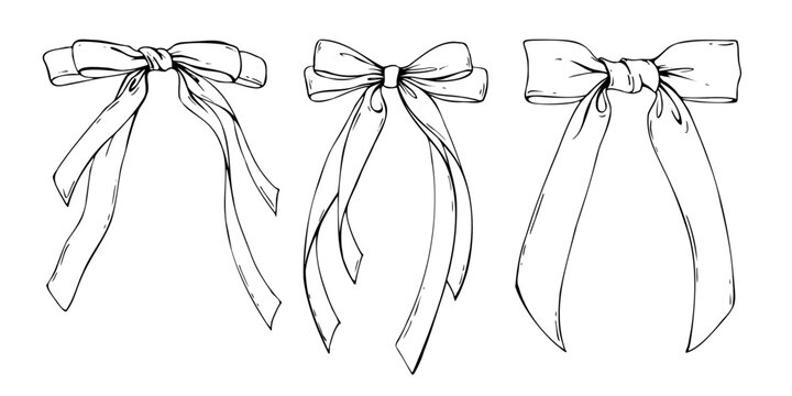 Set of large thin bows coquette with long tails textile from satin and silk ribbons. Illustration hand-drawn in black ink line art graphics. For women, girls, holidays, decoration, accessories, gifts.