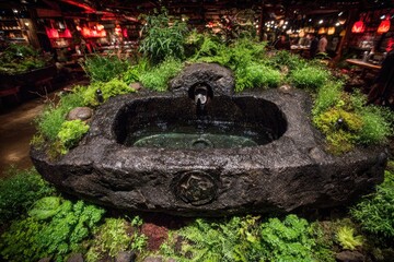 Dark stone basin, lush greenery, and flowing water in a retail space