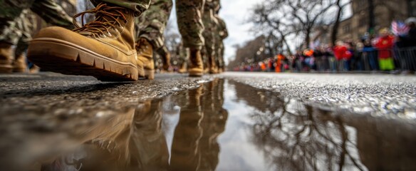 Boots march forward through a wet street reflecting the sky and blurred figures in the background creating a sense of movement and determination.