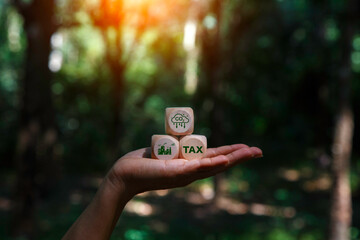 Hand holding wooden blocks with CO2, industry, and TAX icons, symbolizing the concept of carbon tax...