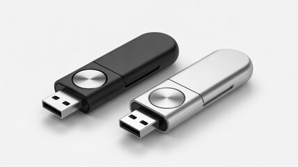 A product photo of two USB flash drives on a white background. The drive on the left is black with a metallic circular button on top and a sleek curved design.