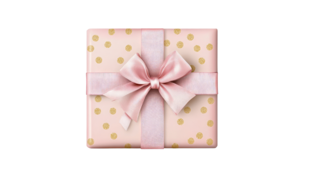 Chic pastel gift box with delicate golden dots and pink ribbon bow isolated on white background - Powered by Adobe