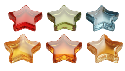 Six shiny glass stars in a vibrant array of colors red green blue yellow orange and amber hues