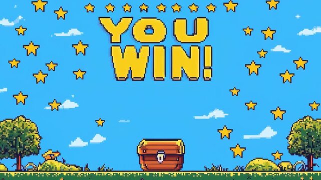 &ldquo;You Win!&rdquo; 8-bit game style graphic with treasure chest and twinkling gold stars perfect for competitions, prize draws, and raffle victory screens