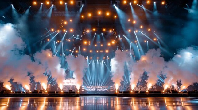 Dynamic concert stage with dramatic lighting and fog effects during live performance