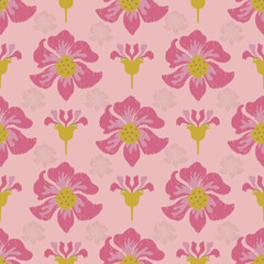 Seamless ikat-inspired floral pattern with bold hand-drawn petals in pink and yellow hues over a soft pink background. Perfect for fabric, wrapping, and decor.