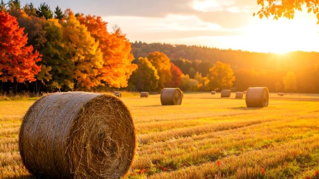 Autumn hay bales sunset landscape