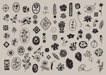 Set of different flowers, brunch and frames from flat editable stroke. Luxury line floral collection for wedding invitation art, design template.