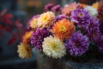 Obraz premium Colorful chrysanthemums display yellow, orange and purple petals. Use for autumn themes, remembrance, and floral design elements.