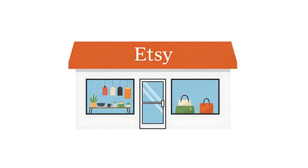 Illustration of etsy store front with orange awning and display windows with various items inside ai genrated