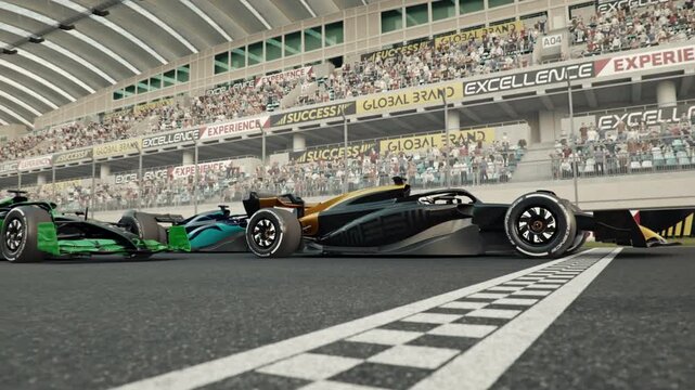 Side view of three generic formula one race cars driving across the finish line in slow motion. 3d animation rendering. New 2025 black and gold car design