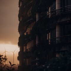 Eco-friendly architecture with lush green plants cascading down a modern building, wind turbines visible in the distance at sunset for sustainable living