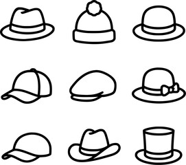 Fototapeta premium Hat Icon Set Vector Collection Black Line Style