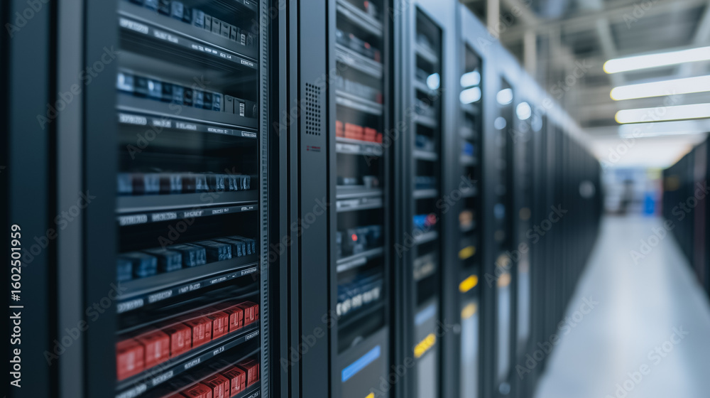 Poster digital infrastructure: a dynamic perspective of a cutting-edge data center, showcasing the impressi